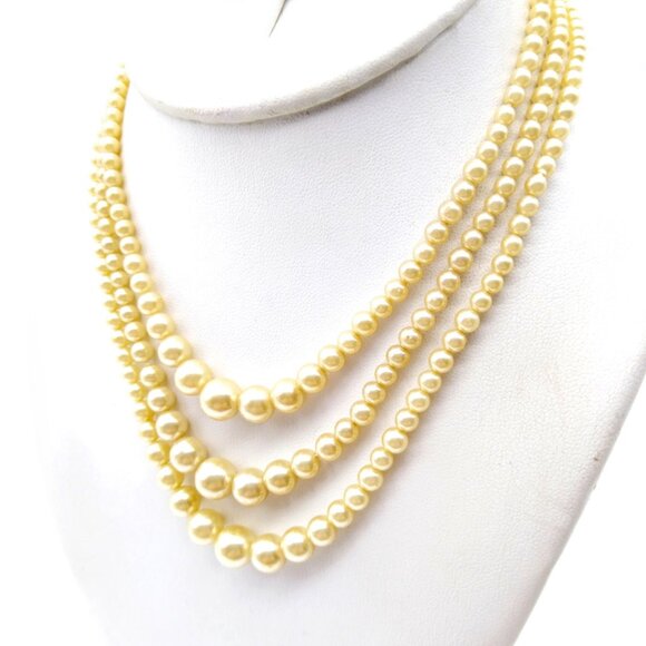 Vintage Triple Strand Faux Pearl Choker Necklace, Classic Graduated Multi Strand - Picture 3 of 4